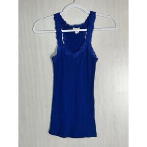 Y2K Lace Trim Ribbed Tank Top Blue Fitted Racerback Cotton Cami Vintage Medium